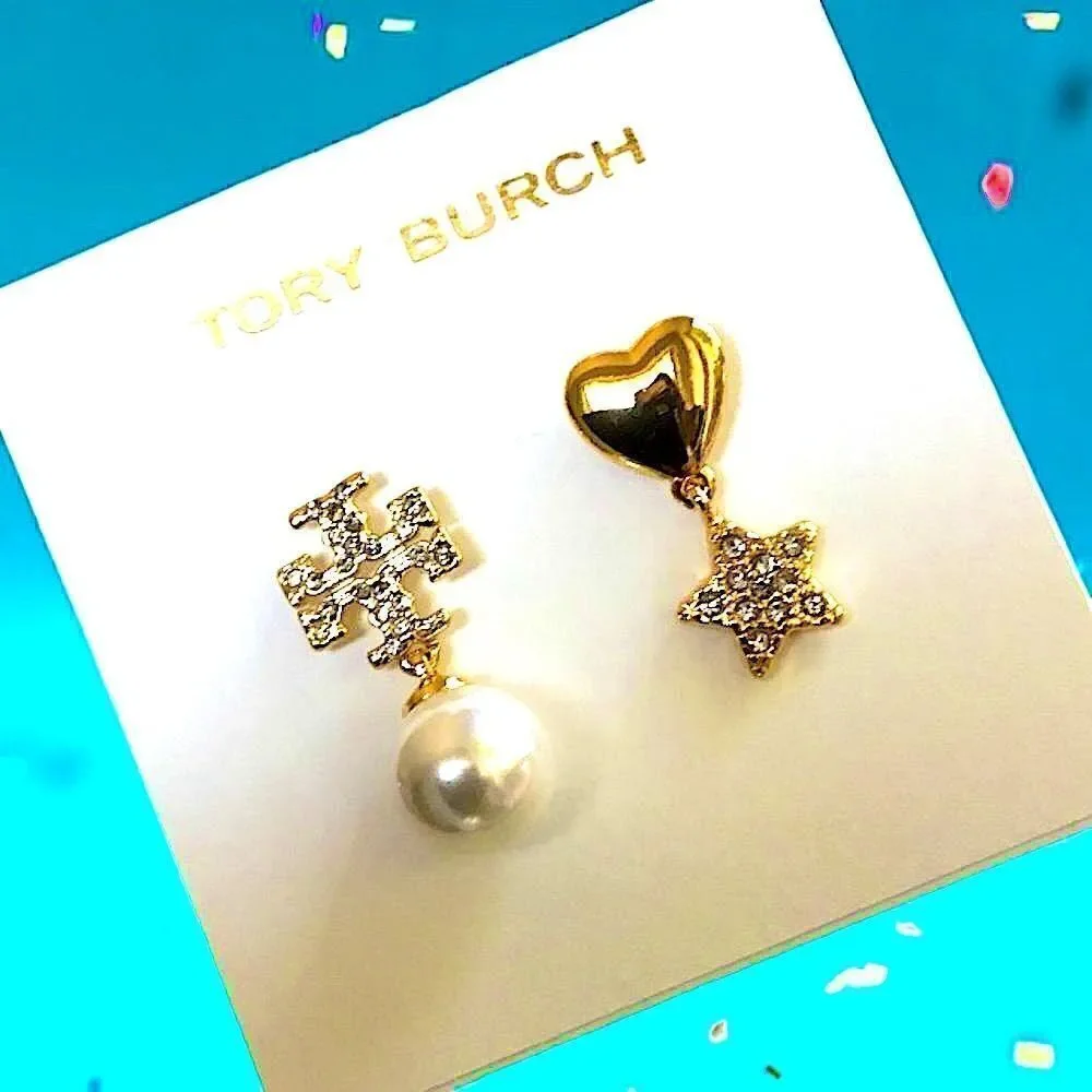 TORY BURCH MISMATCHED PEARL, HEART START DOUBLE T LOGO EARRINGS 14K GOLD/BRASS